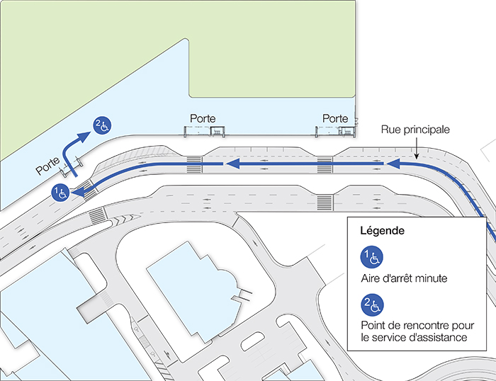 Plan pour l'aire d'arrêt minute et le point de rencontre pour le service d'assistance. L'aire d'arrêt minute se situe sur la Rue Principale, devant la 3e porte de l'aérogare. Le point de rencontre pour le service d'assistance se situe à l'intérieur de l'aérogare près de la 3e porte de l'aérogare.