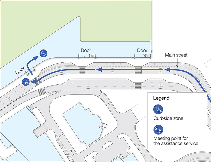 Map to Curbside zone and meeting point for the assistance service